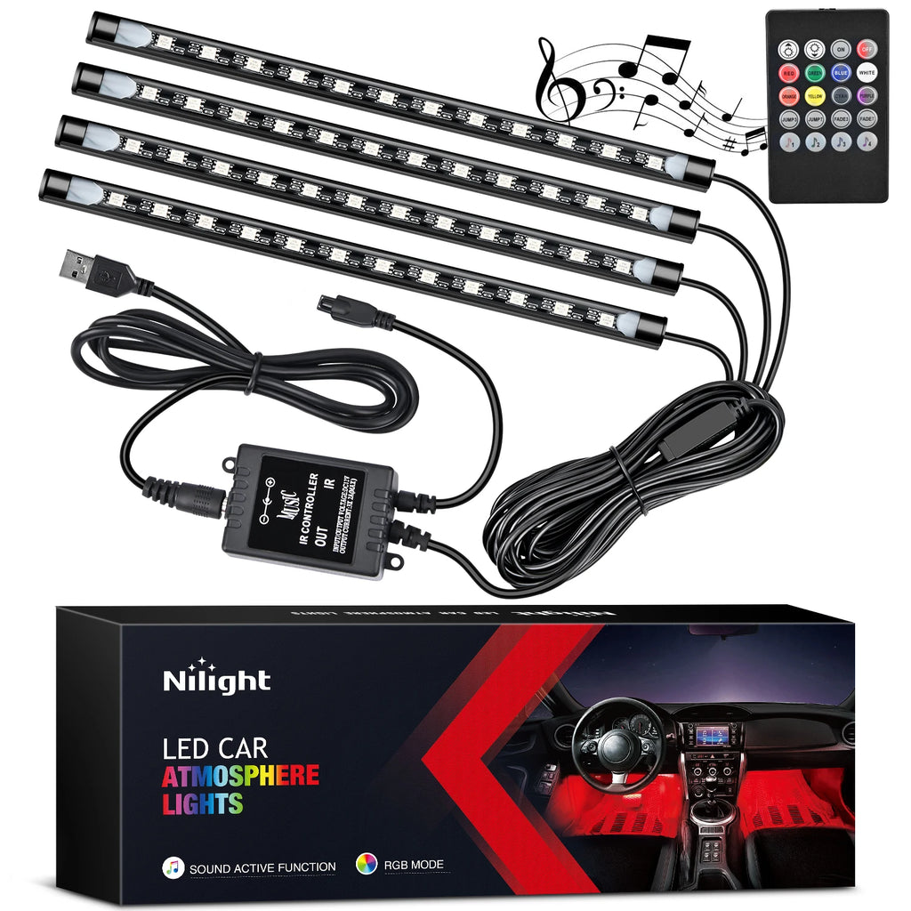 4PCS USB Interior Lights Multicolor Music Car Strip Light Under Dash Lighting Kit with Sound Active & Wireless Remote Control