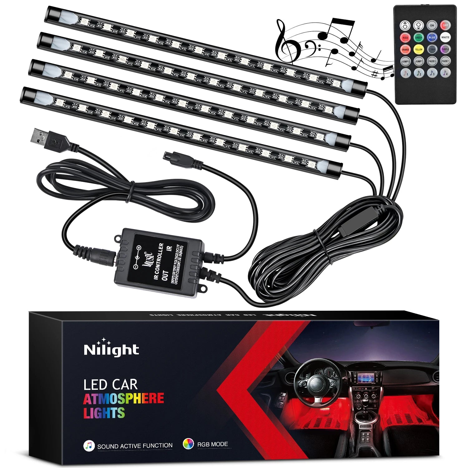 4PCS USB Interior Lights Multicolor Music Car Strip Light Under Dash Lighting Kit with Sound Active & Wireless Remote Control