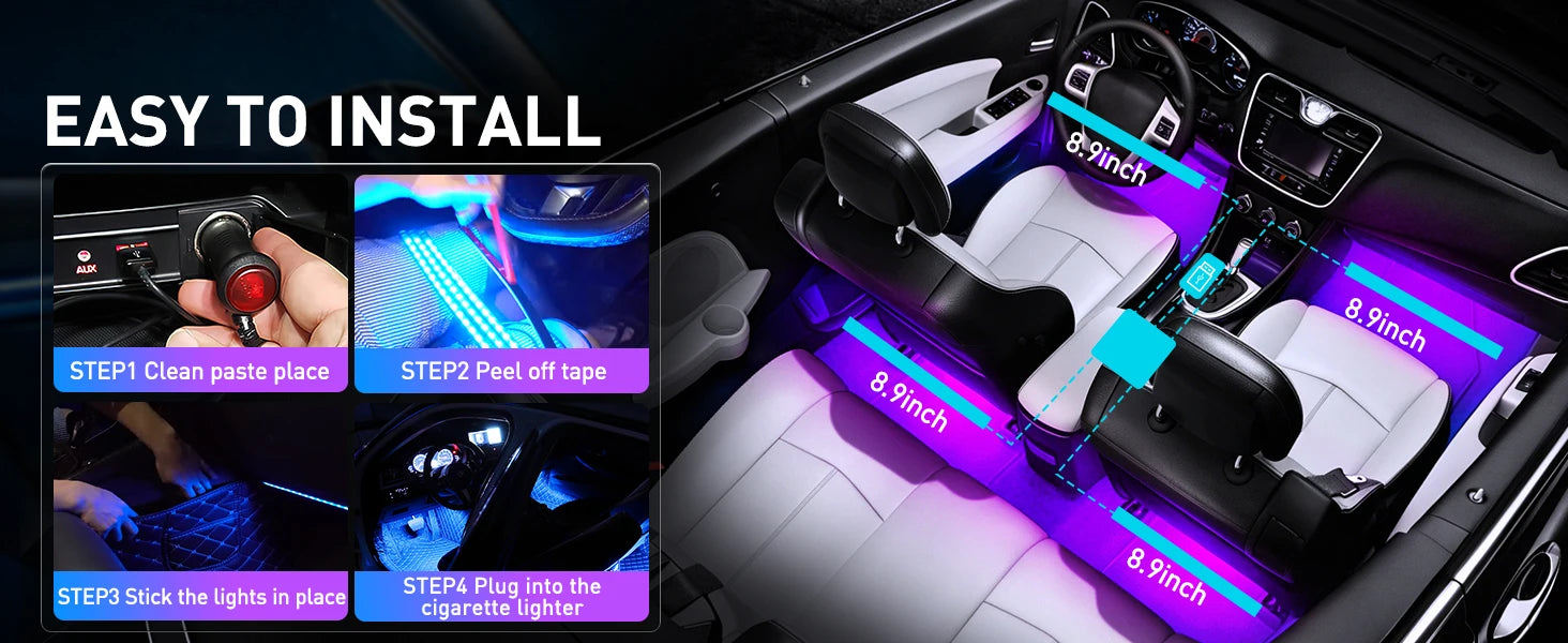 4PCS USB Interior Lights Multicolor Music Car Strip Light Under Dash Lighting Kit with Sound Active & Wireless Remote Control