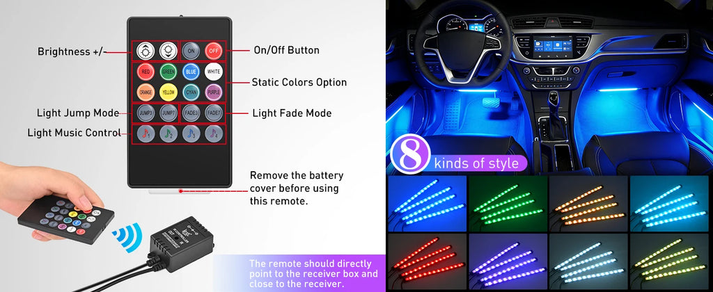 4PCS USB Interior Lights Multicolor Music Car Strip Light Under Dash Lighting Kit with Sound Active & Wireless Remote Control