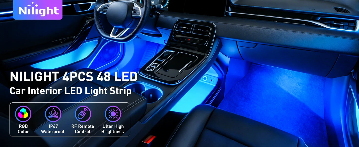 4PCS USB Interior Lights Multicolor Music Car Strip Light Under Dash Lighting Kit with Sound Active & Wireless Remote Control