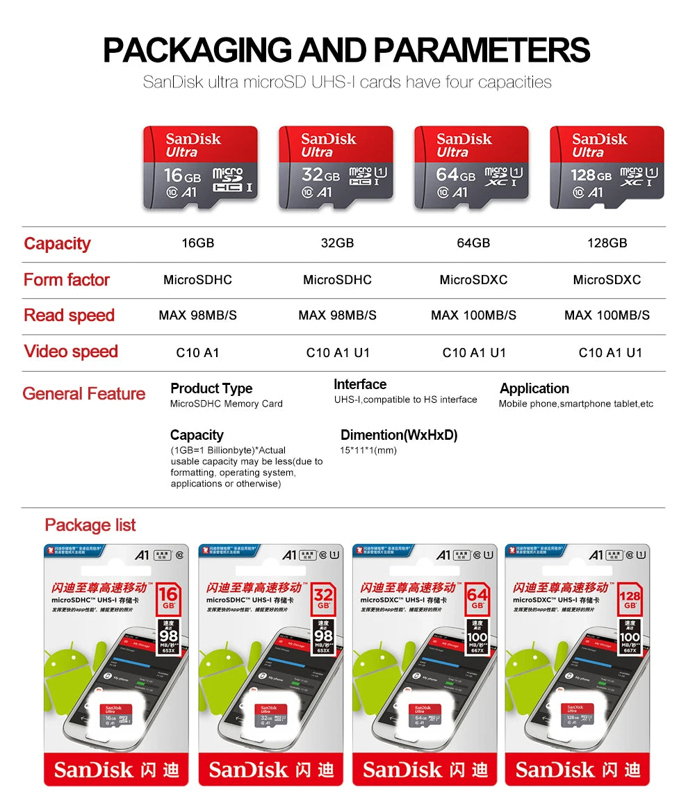 100% Card 128GB 100MB/s A1 Memory Cards cameracard 32GB 64GB Micro SDcard Class 10 UHS-1 flashcard Microsd TF/SD Card