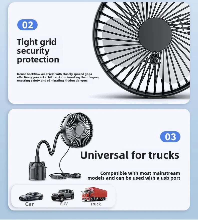 Car Fan 24v For Large Trucks, 12v Cooling Usb Fan For Car Cup Holder, Single-head Fan With Strong Airflow