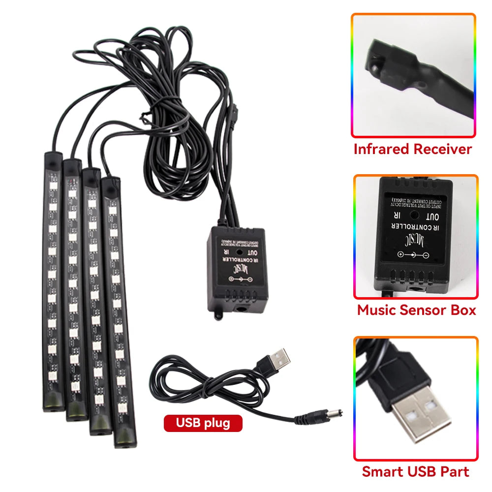 Car RGB Foot Light Strip – USB & Cigarette Lighter