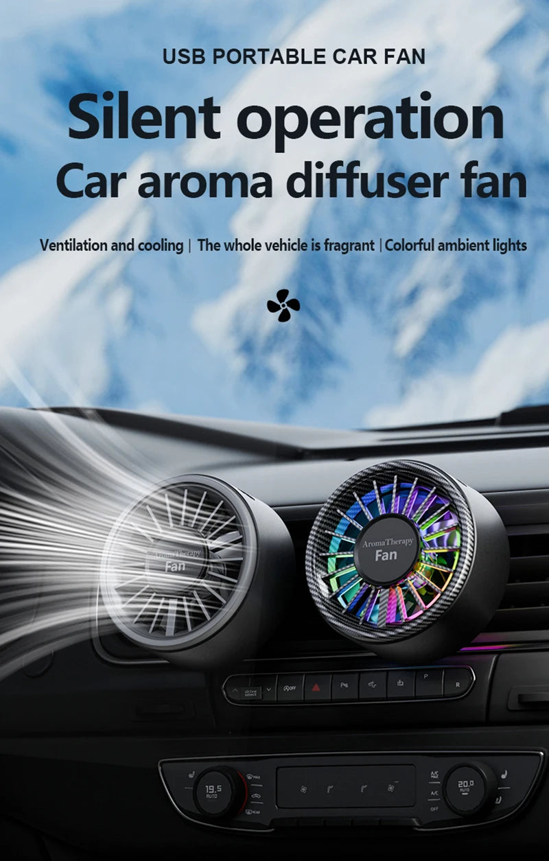 Car USB Fan Mini Portable Clip on Aroma Diffuser 2 in 1 Strong Wind Car Vent Fan Air Freshener RGB Light Car Accessories