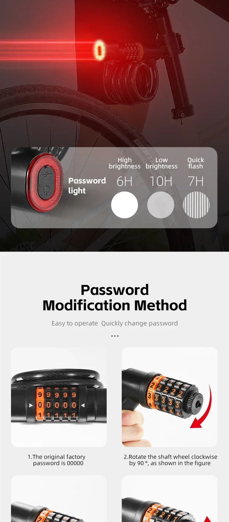 WEST BIKING Cycling Cable Lock With Rechargeable Rear Lights 4 Digits Password Wire Lock Portable Bicycle Anti-Theft Locks