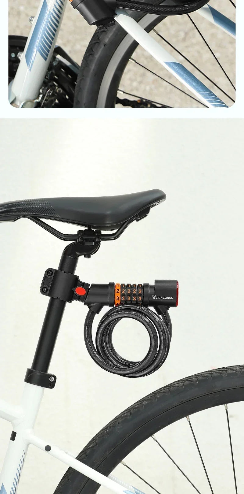 WEST BIKING Cycling Cable Lock With Rechargeable Rear Lights 4 Digits Password Wire Lock Portable Bicycle Anti-Theft Locks