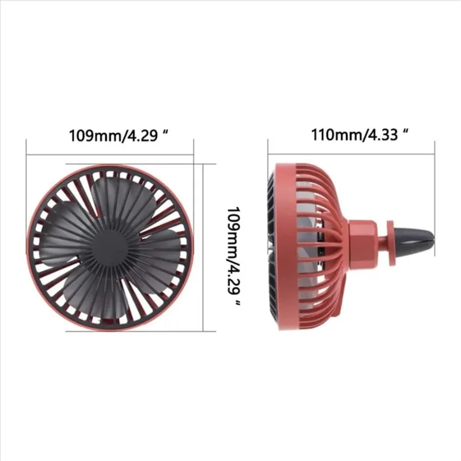 Car Fan | 3-Speed 360° Rotatable | 12V-24V USB LED Ambient Light | A/C Vent Clip | Silent Portable Fan