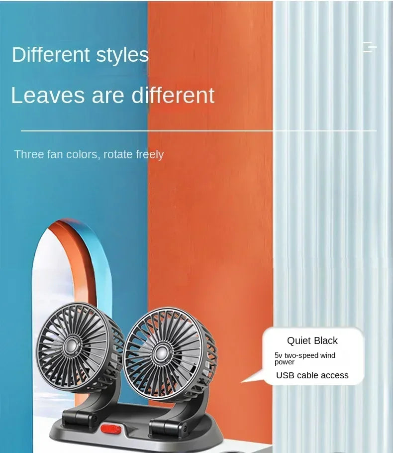 Car Fan USB/12V/24V Double-head Adjustable 360° Car Electric Fan Silent 2-speed Multi-functional Temporary Parking Card Car Fan