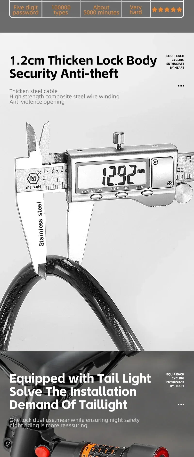 WEST BIKING Cycling Cable Lock With Rechargeable Rear Lights 4 Digits Password Wire Lock Portable Bicycle Anti-Theft Locks
