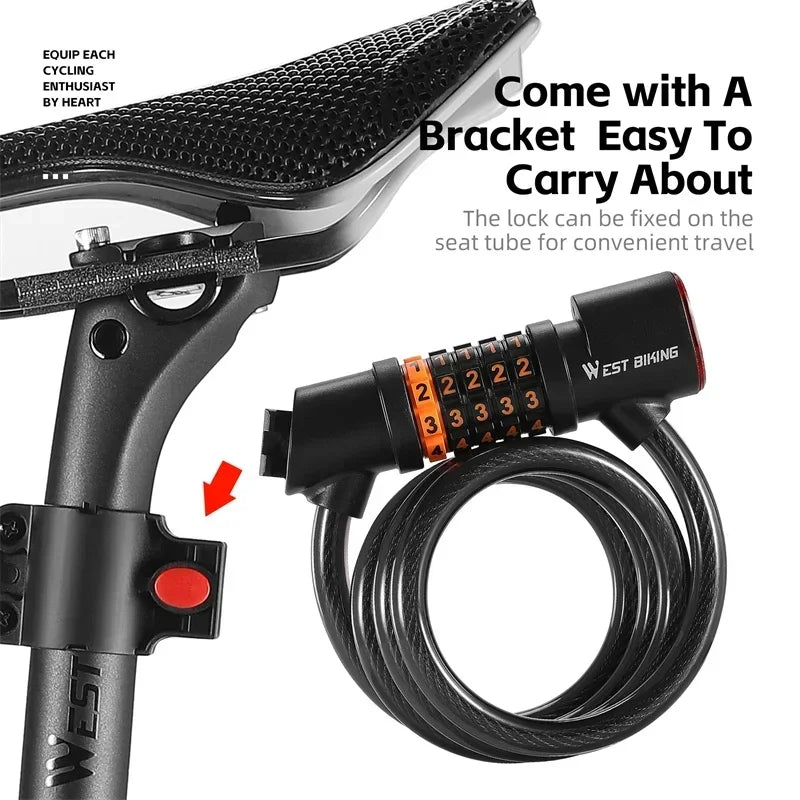 WEST BIKING Cycling Cable Lock With Rechargeable Rear Lights 4 Digits Password Wire Lock Portable Bicycle Anti-Theft Locks