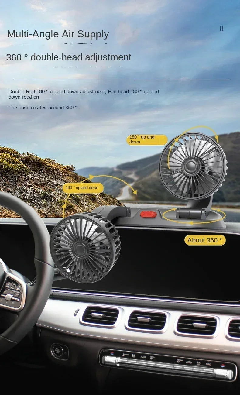 Car Fan USB/12V/24V Double-head Adjustable 360° Car Electric Fan Silent 2-speed Multi-functional Temporary Parking Card Car Fan