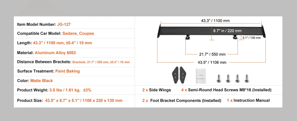 SucceBuy GT Wing Car Spoiler 53.1 inch Universal Spoiler with Double Deck Car Rear Spoiler Wing, Racing Spoiler BGW/JDM Drift