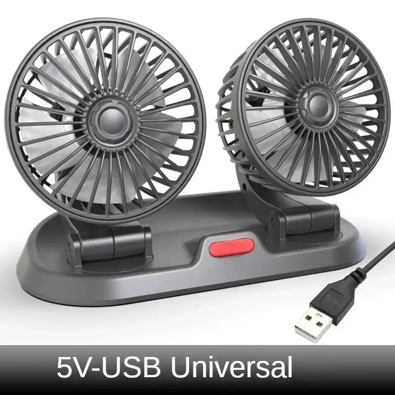 Car Fan USB/12V/24V Double-head Adjustable 360° Car Electric Fan Silent 2-speed Multi-functional Temporary Parking Card Car Fan