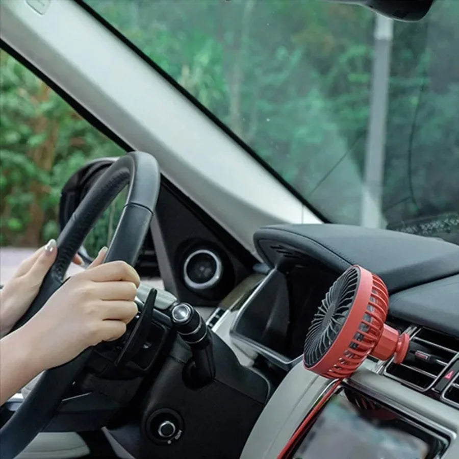 Car Fan | 3-Speed 360° Rotatable | 12V-24V USB LED Ambient Light | A/C Vent Clip | Silent Portable Fan