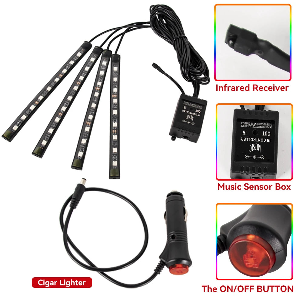 Car RGB Foot Light Strip – USB & Cigarette Lighter