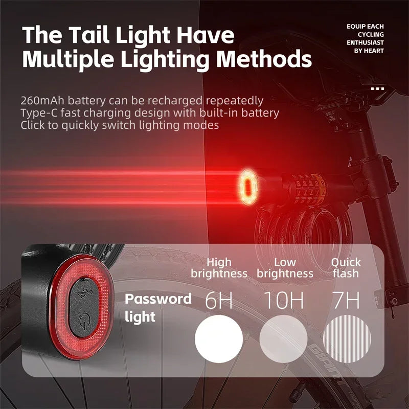 WEST BIKING Cycling Cable Lock With Rechargeable Rear Lights 4 Digits Password Wire Lock Portable Bicycle Anti-Theft Locks