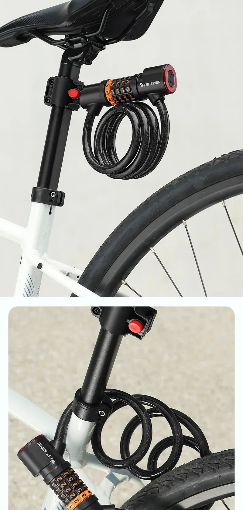 WEST BIKING Cycling Cable Lock With Rechargeable Rear Lights 4 Digits Password Wire Lock Portable Bicycle Anti-Theft Locks
