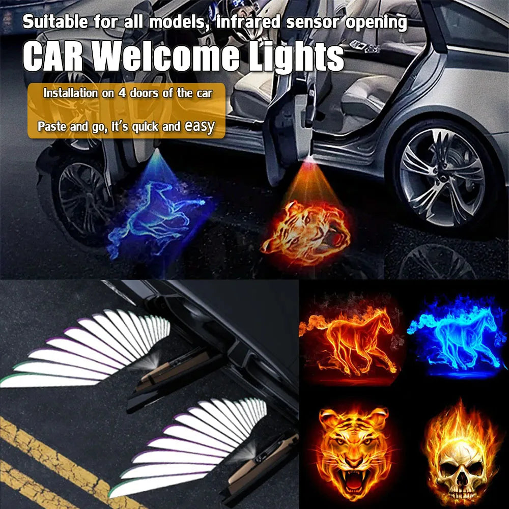 2PCS LED automotive universal retrofit welcome light induction turn on angel wing Lima tiger skull projector ground lighting