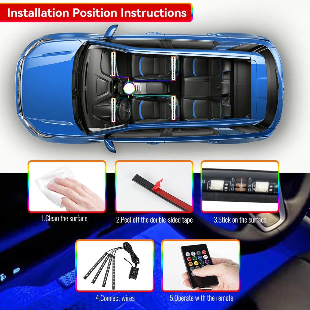 Car RGB Foot Light Strip – USB & Cigarette Lighter