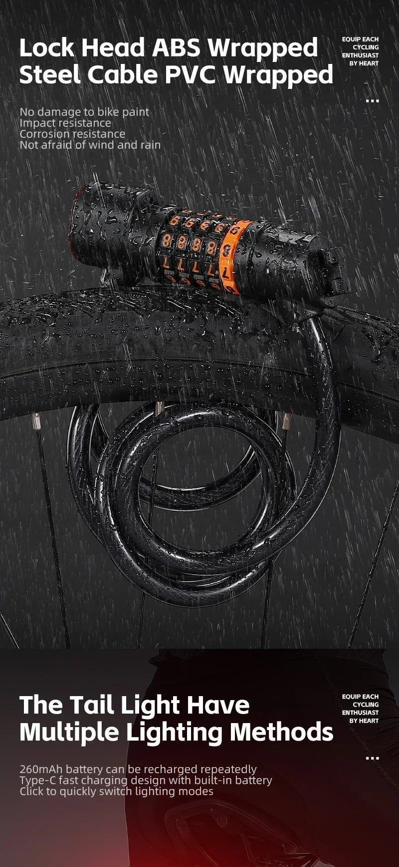WEST BIKING Cycling Cable Lock With Rechargeable Rear Lights 4 Digits Password Wire Lock Portable Bicycle Anti-Theft Locks