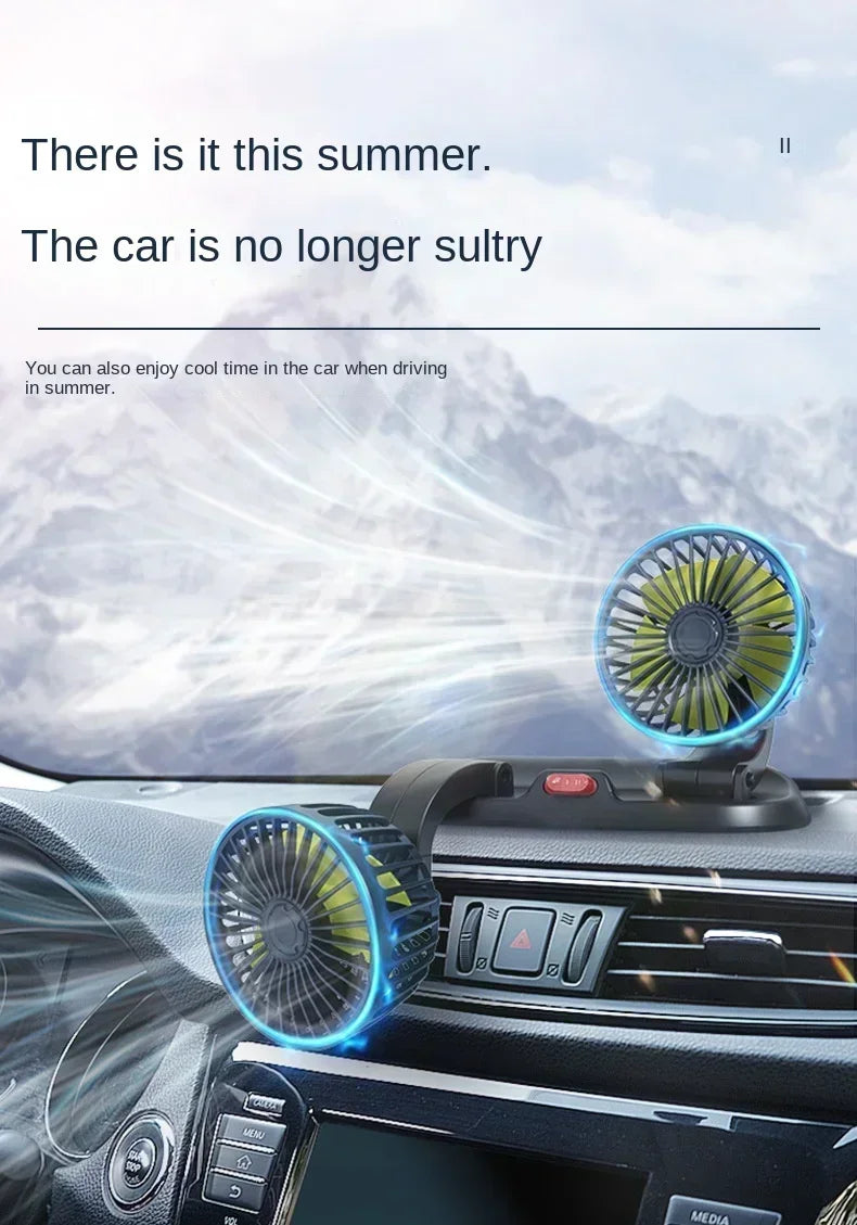 Car Fan USB/12V/24V Double-head Adjustable 360° Car Electric Fan Silent 2-speed Multi-functional Temporary Parking Card Car Fan