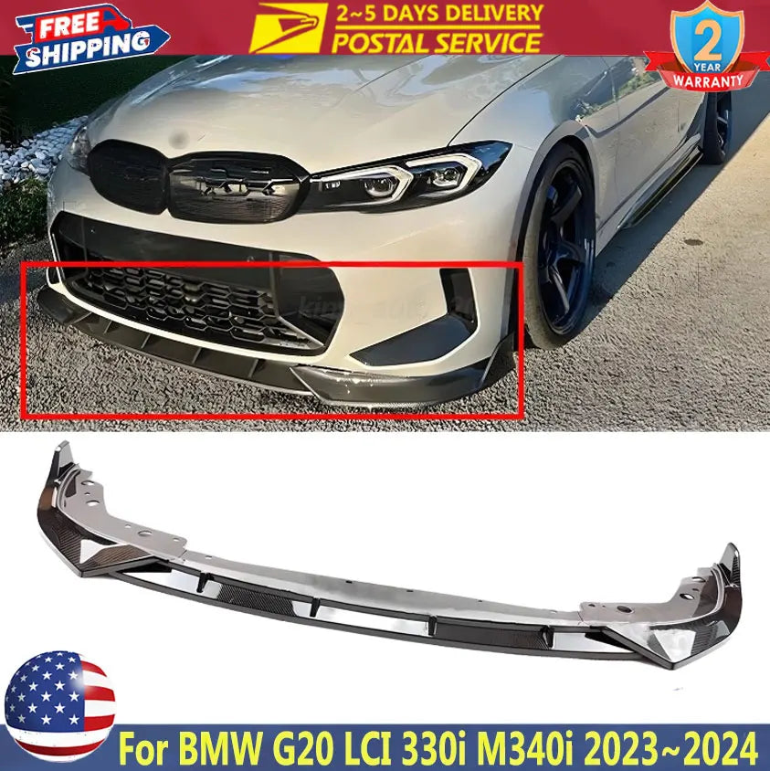 Carbon Fiber Look Front Bumper Spoiler Lips Splitter GT Style For BMW G20 LCI 330i M340i xDrive 2023~2024 Front Bumper Lip Kits