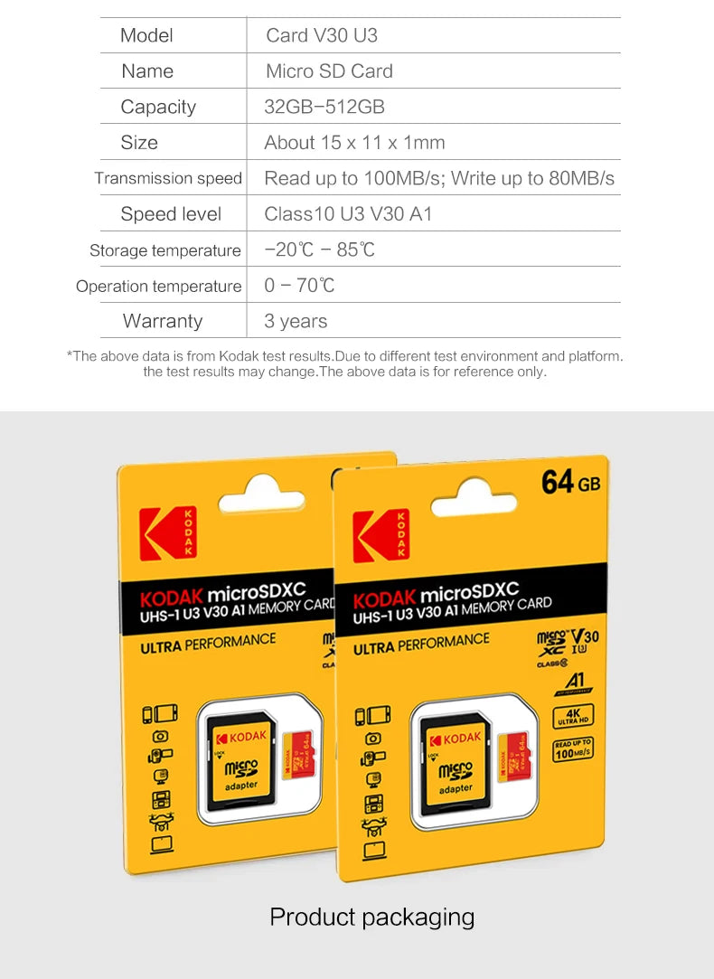 KODAK Micro SD Card U3 V30 128GB 256GB 64GB 4K High Speed TF Card for Phone Camera Drone Original TYPE-C Reader