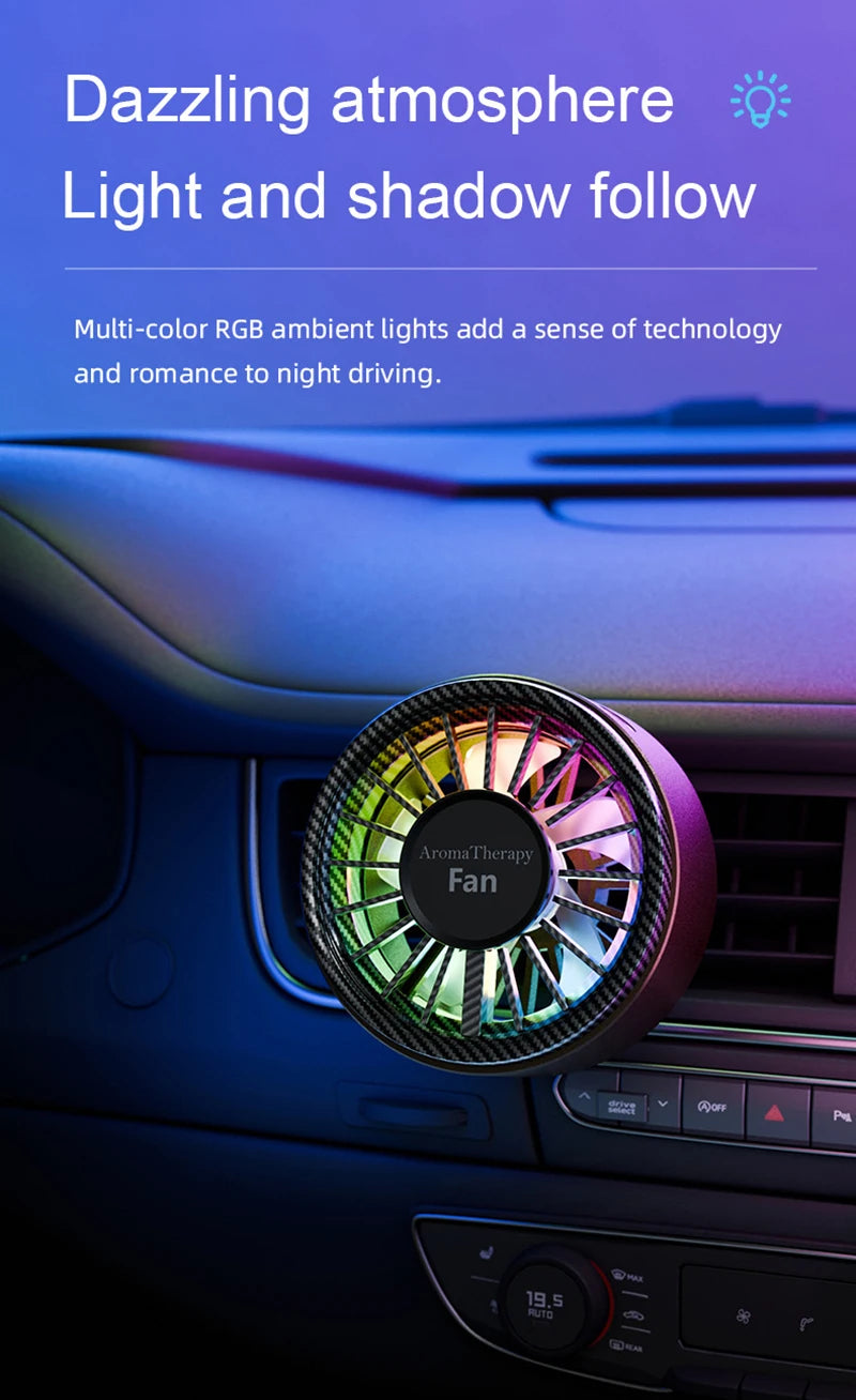 Car USB Fan Mini Portable Clip on Aroma Diffuser 2 in 1 Strong Wind Car Vent Fan Air Freshener RGB Light Car Accessories