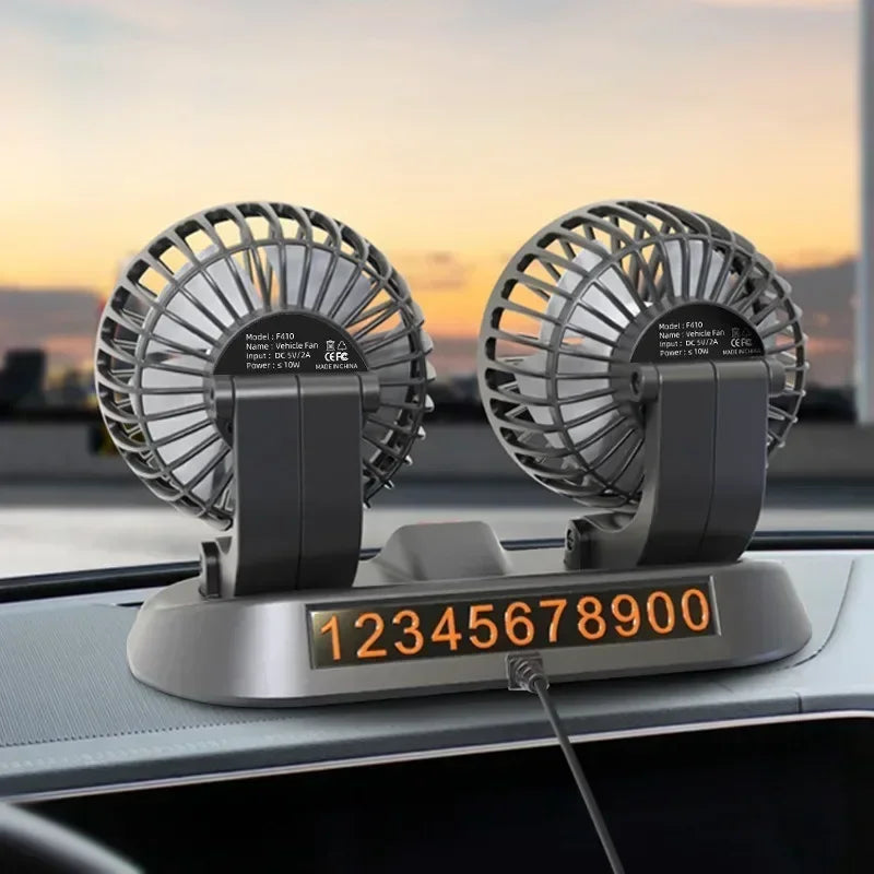 Car Fan USB/12V/24V Double-head Adjustable 360° Car Electric Fan Silent 2-speed Multi-functional Temporary Parking Card Car Fan
