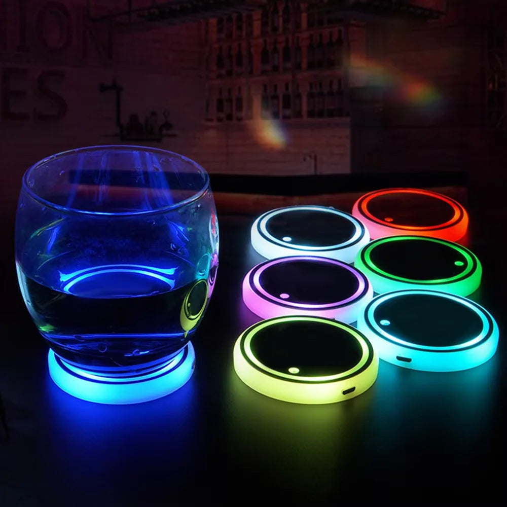 7 Color Changing LED Light Car Cup Holder Lights Decorative Ambient Lighting Glowing Coaster Pads USB Charging Anti Slip Coaster