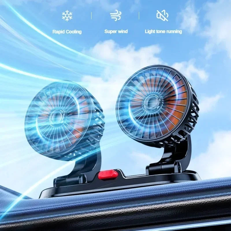 Car Fan USB/12V/24V Double-head Adjustable 360° Car Electric Fan Silent 2-speed Multi-functional Temporary Parking Card Car Fan