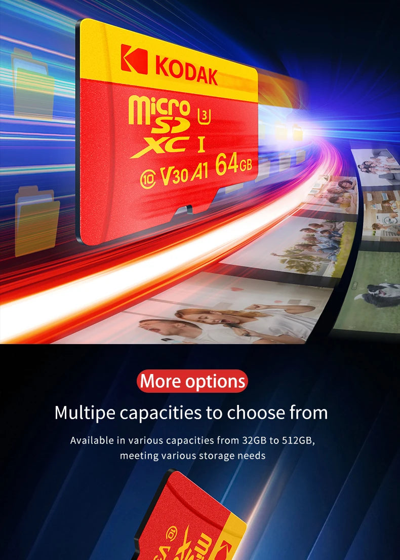 KODAK Micro SD Card U3 V30 128GB 256GB 64GB 4K High Speed TF Card for Phone Camera Drone Original TYPE-C Reader
