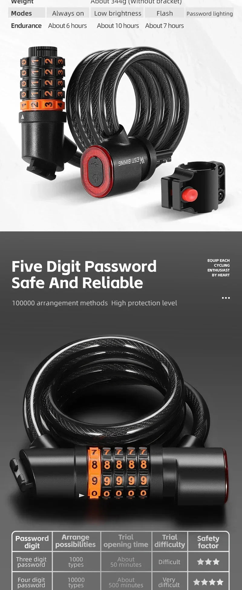 WEST BIKING Cycling Cable Lock With Rechargeable Rear Lights 4 Digits Password Wire Lock Portable Bicycle Anti-Theft Locks