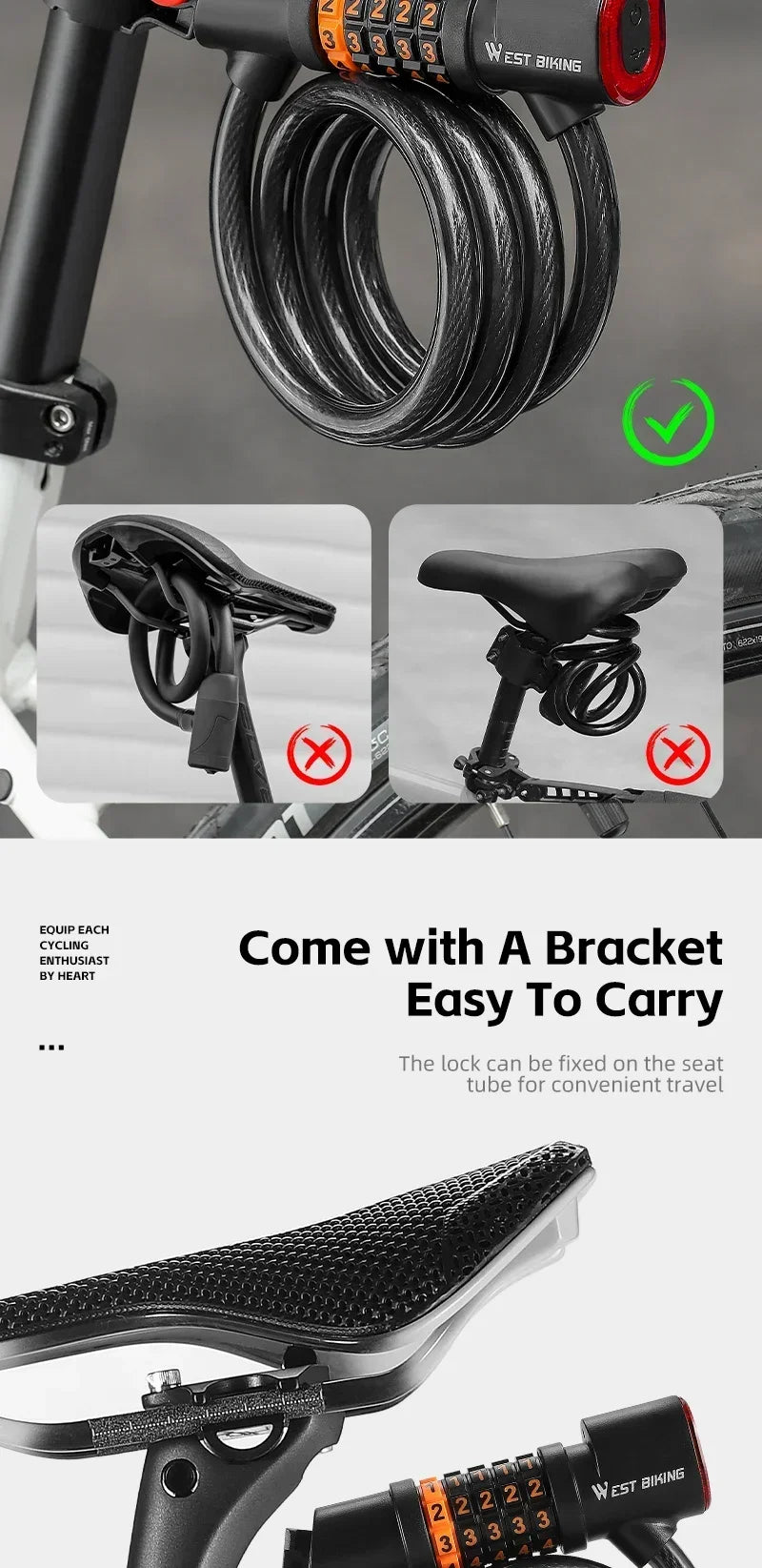 WEST BIKING Cycling Cable Lock With Rechargeable Rear Lights 4 Digits Password Wire Lock Portable Bicycle Anti-Theft Locks