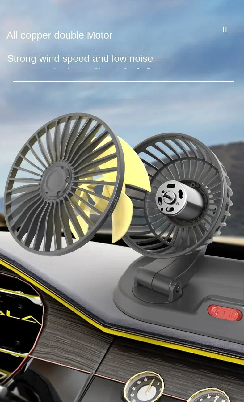 Car Fan USB/12V/24V Double-head Adjustable 360° Car Electric Fan Silent 2-speed Multi-functional Temporary Parking Card Car Fan