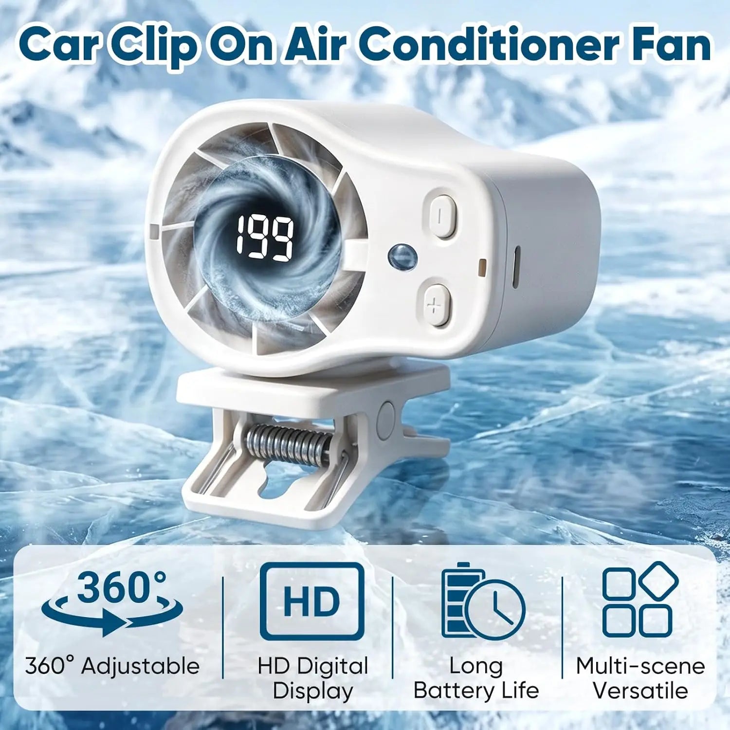 Car Clip Fan with LED Display 360° Rotation 199 Speeds&Semi-Cooling Technology Portable Personal Fan for Work Car Camping Beach