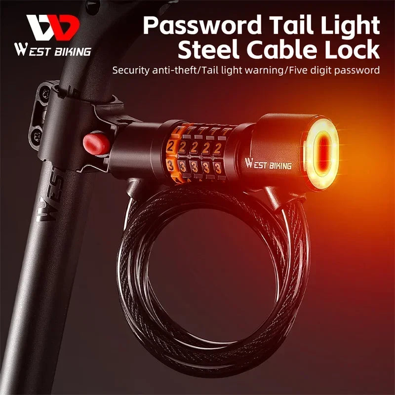 WEST BIKING Cycling Cable Lock With Rechargeable Rear Lights 4 Digits Password Wire Lock Portable Bicycle Anti-Theft Locks