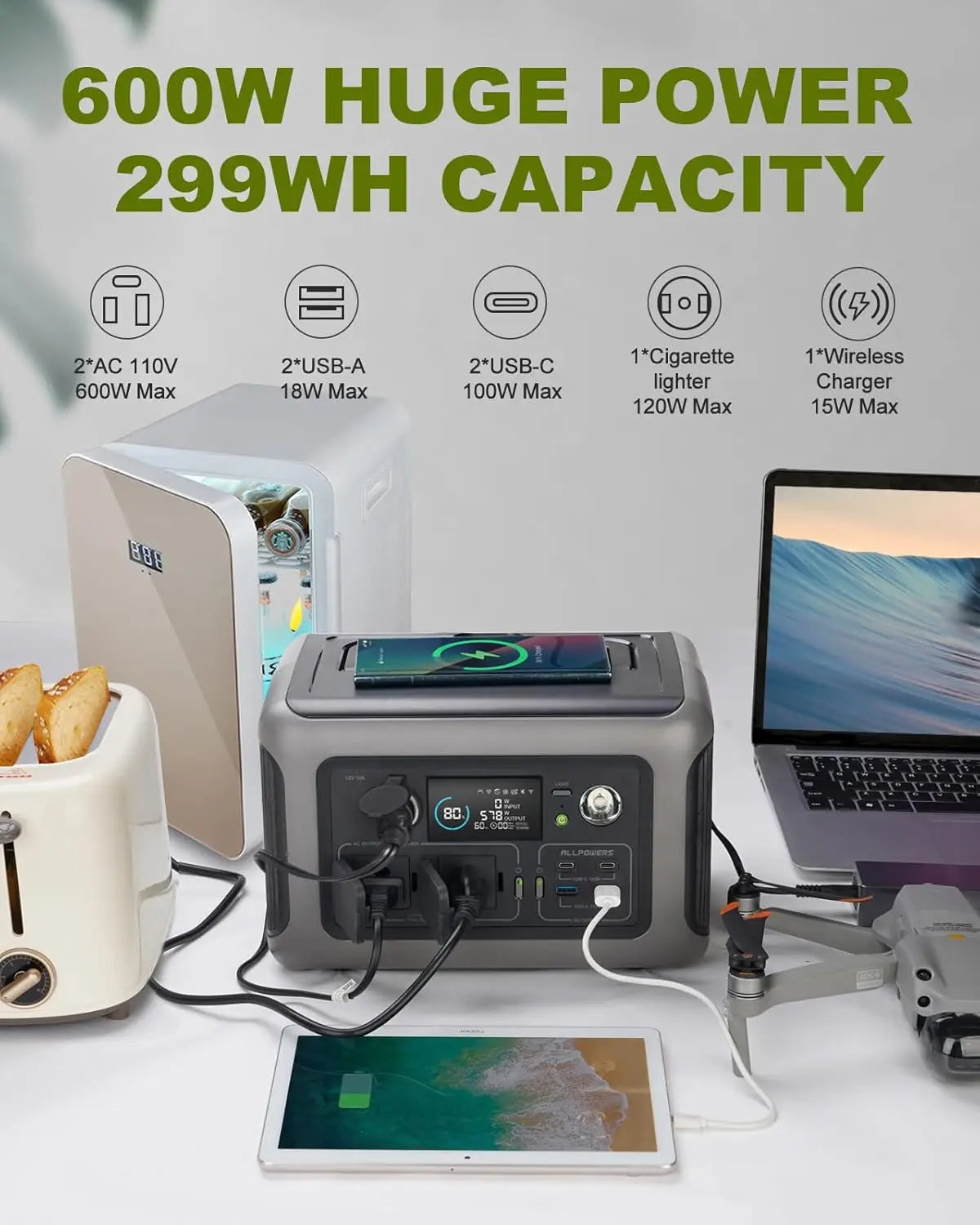 ALLPOWERS R600 600W Solar Generator – 299Wh LiFePO4
