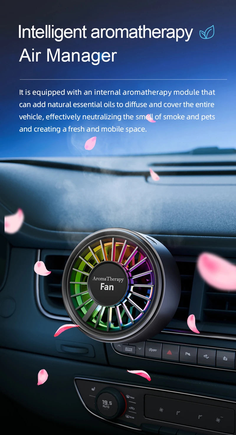 Car USB Fan Mini Portable Clip on Aroma Diffuser 2 in 1 Strong Wind Car Vent Fan Air Freshener RGB Light Car Accessories