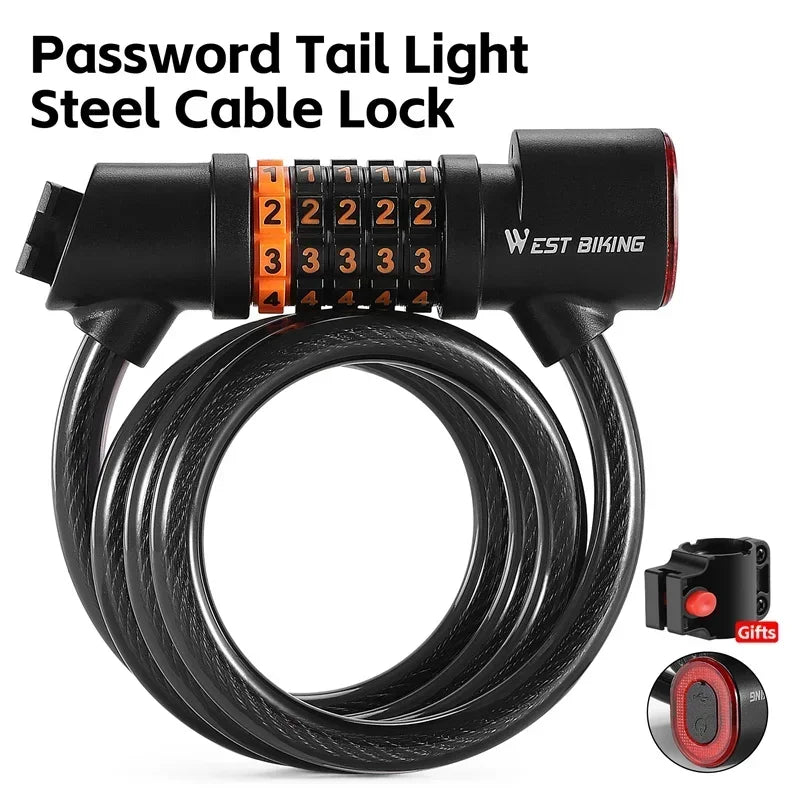 WEST BIKING Cycling Cable Lock With Rechargeable Rear Lights 4 Digits Password Wire Lock Portable Bicycle Anti-Theft Locks