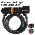 WEST BIKING Cycling Cable Lock With Rechargeable Rear Lights 4 Digits Password Wire Lock Portable Bicycle Anti-Theft Locks