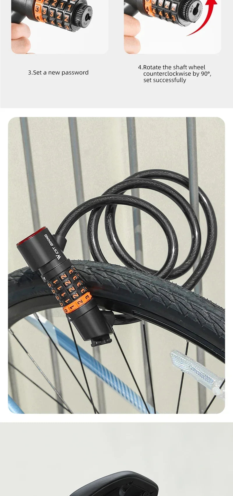 WEST BIKING Cycling Cable Lock With Rechargeable Rear Lights 4 Digits Password Wire Lock Portable Bicycle Anti-Theft Locks
