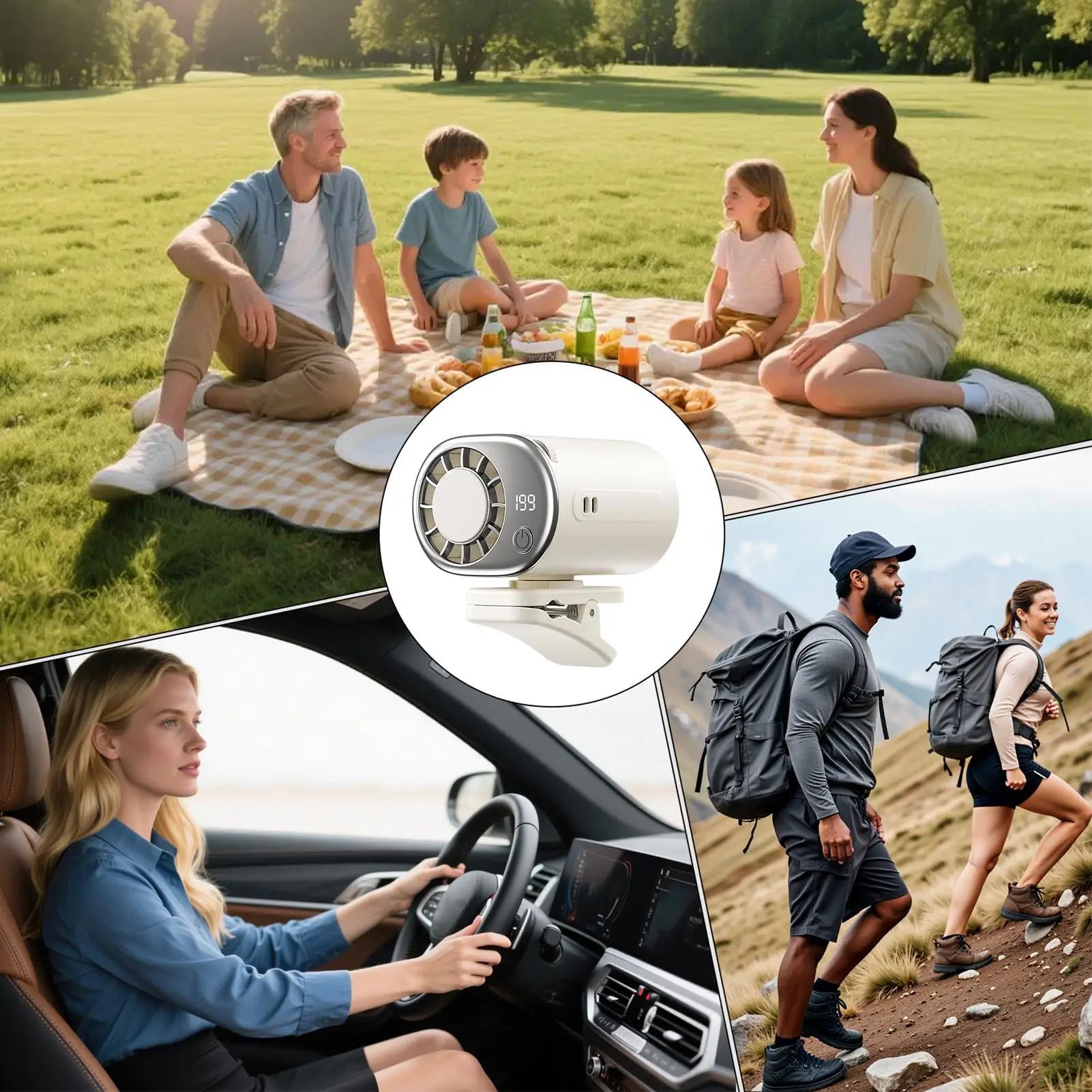 Personal Fan Clip On Car LED Display Air Conditioner With 199 Speeds Automotive Personal Fan For Truck Sedan RV Camping Outdoor