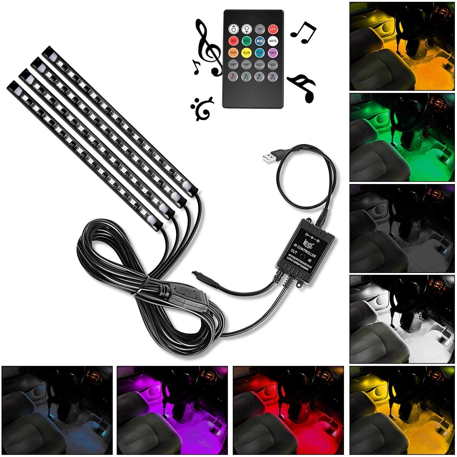4PCS USB Interior Lights Multicolor Music Car Strip Light Under Dash Lighting Kit with Sound Active & Wireless Remote Control