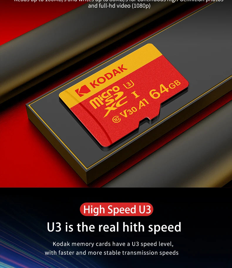 KODAK Micro SD Card U3 V30 128GB 256GB 64GB 4K High Speed TF Card for Phone Camera Drone Original TYPE-C Reader