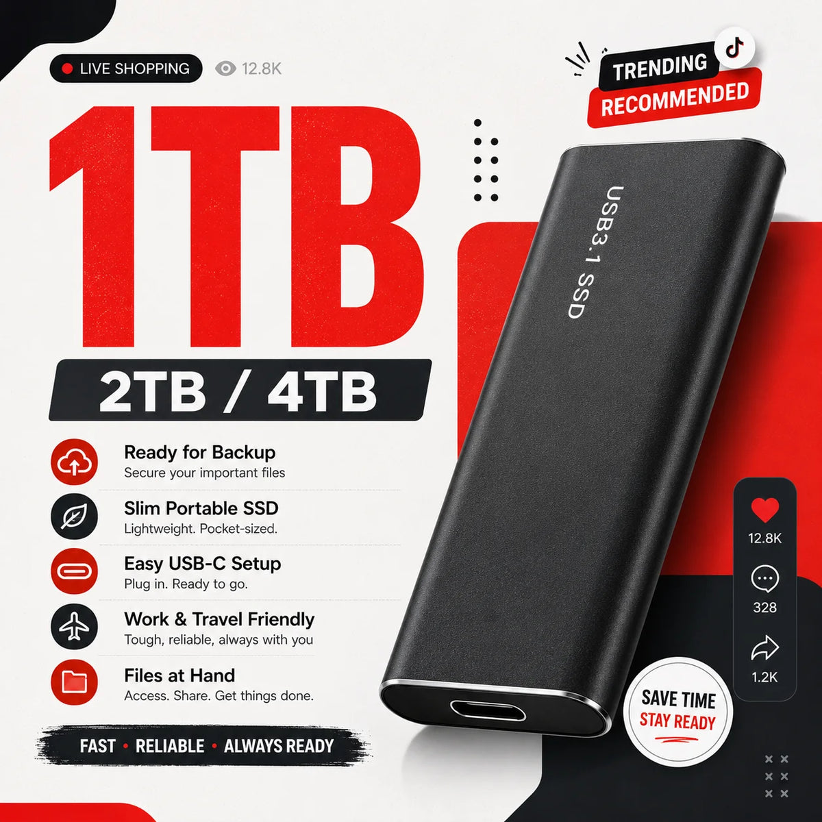 1TB Mini Reliable External SSD Hard Drive USB 3.1 Compact Storage for PC Laptop Mac Daily Portable Data Backup Use