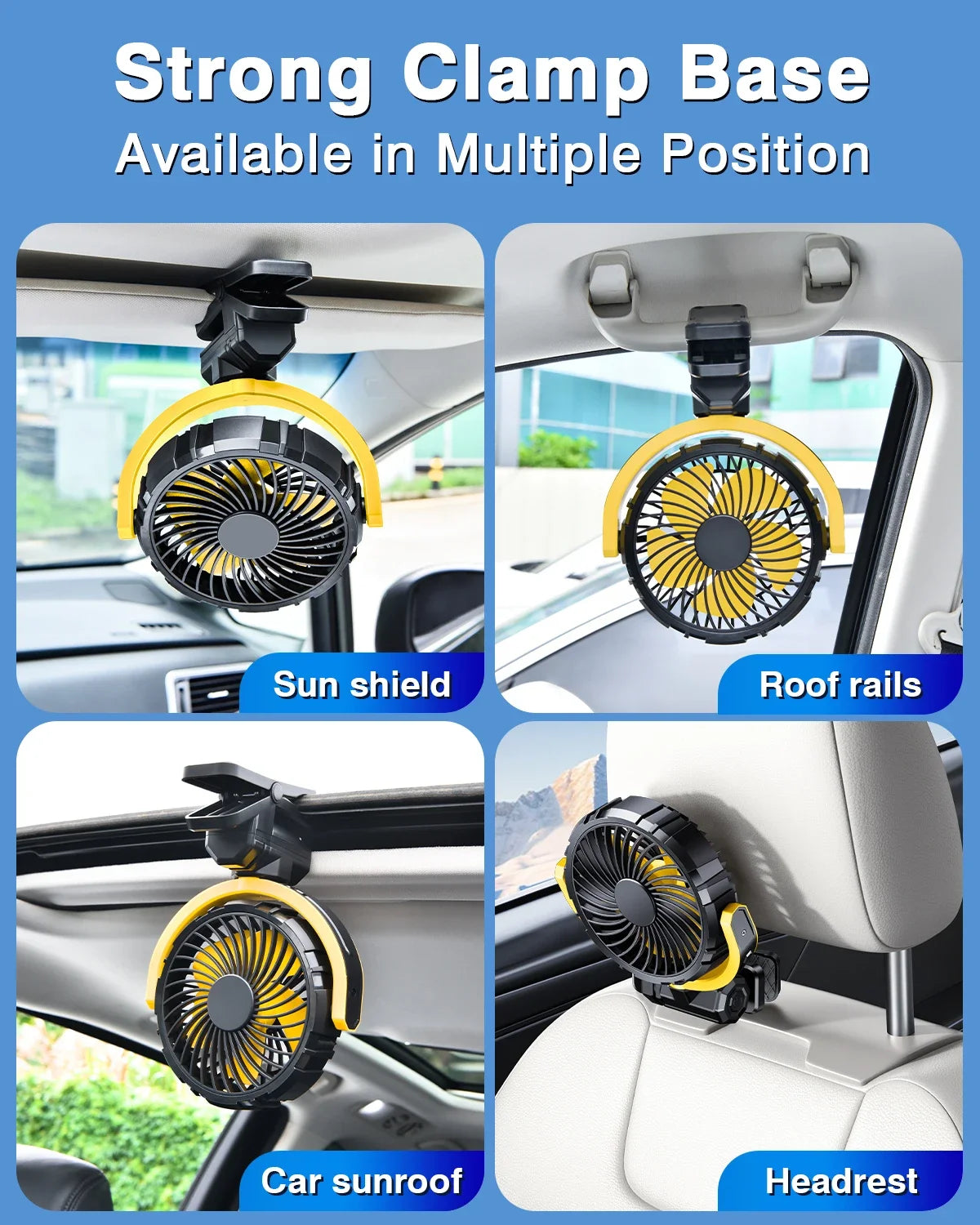 Car Fan 5V USB Clip on Sun Visor Fan for Front/Rear Seat 2000mAh Rechargeable Battery Powered Quiet Personal Cooling Fans