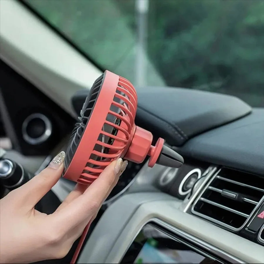 Car Fan | 3-Speed 360° Rotatable | 12V-24V USB LED Ambient Light | A/C Vent Clip | Silent Portable Fan