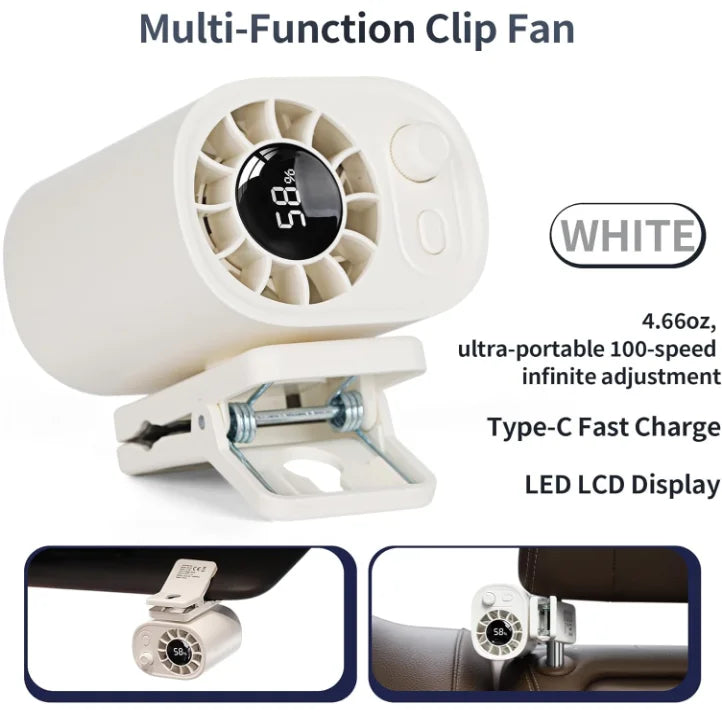 Car Clip Fan with LED Display 360° Rotation 199 Speeds&Semi-Cooling Technology Portable Personal Fan for Work Car Camping Beach